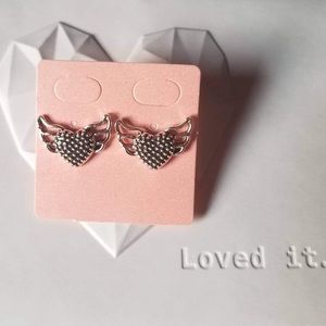 Silver Tone Heart and Wings Earrings